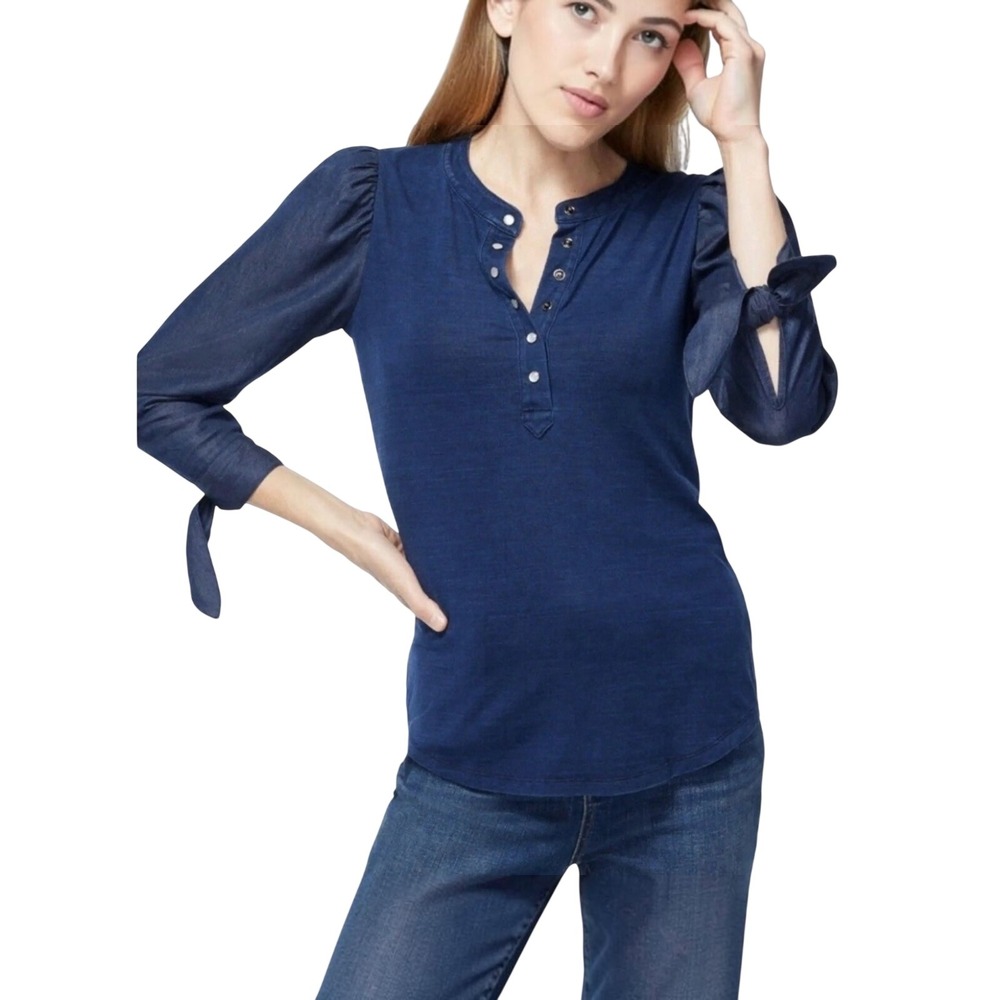 Chico's Slub Henley Puff Sleeve Blouse Top Sz XXL Chambray Button Tie Cuff